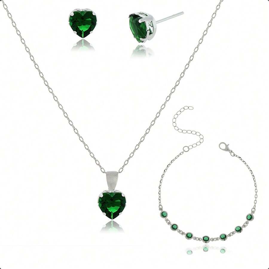 925 Silver Plated Semi-Jewelry Kit With Necklace, Earring And Heart Bracelet – Ideal Gift For Mother's Day - 翠 - 查看 1