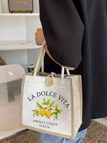Vibrant Lemon Pattern Printed Tote Bag, Reusable Printed Women'S Tote Bag, Double Handle Shopping School Bag, Large Capacity Shoulder Bag, Casual Tote Bag, Christmas Storage Bag, Suitable For Commuting, School And Shopping, Convenient For Outdoor Use, Gifts For Mom, Friends And Besties, Teacher Gifts, Perfect Choice For Vacation And Festival, Best Mother'S Day Gift