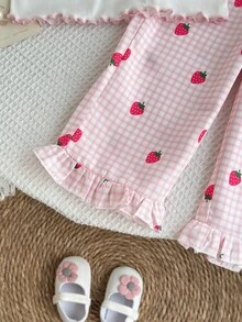 2pcs Girls Cute Embroidered Strawberry Plaid Ruffle Trim Set, For Summer - Pink - View 5