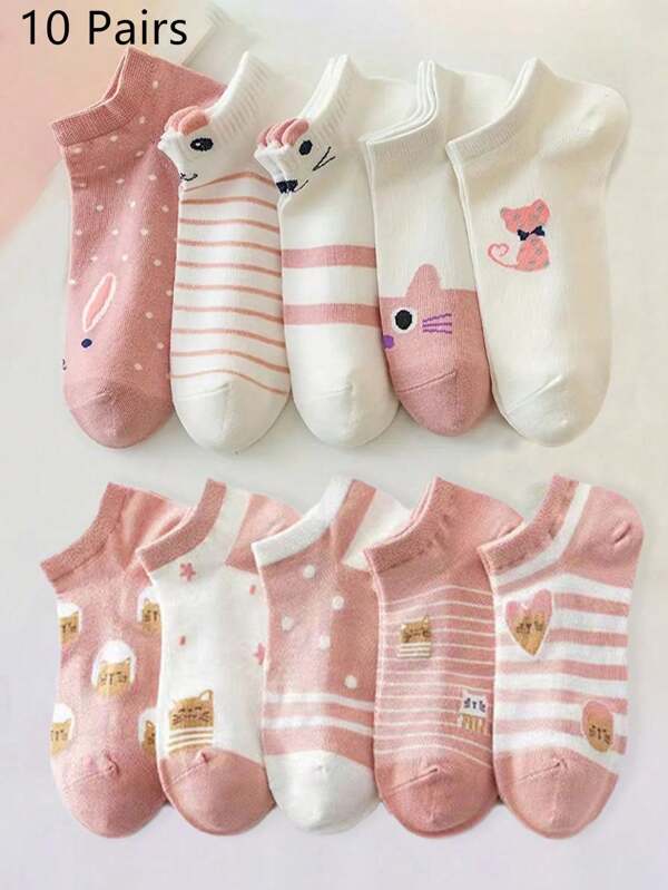 10 Pairs Women Low Cut Ankle Socks, Cute Cartoon Cat Design, Casual Everyday Wear, College Style
