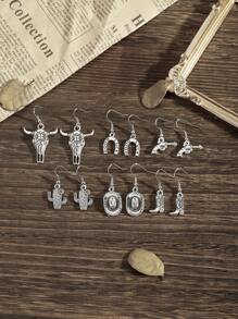 Set de 6 pares de aretes de estilo occidental retro con dijes metálicos de cabeza de vaca, herradura, sombrero de vaquero, cactus y pistola, para uso diario