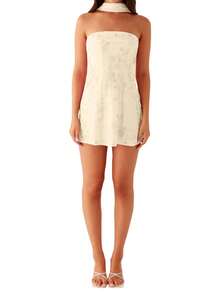 Women Sequin Beaded Sheer Tube Dress Sparkly Embroidery Strapless Rhinestone Embellished Backless Bodycon Mini Dress With Choker Scarf