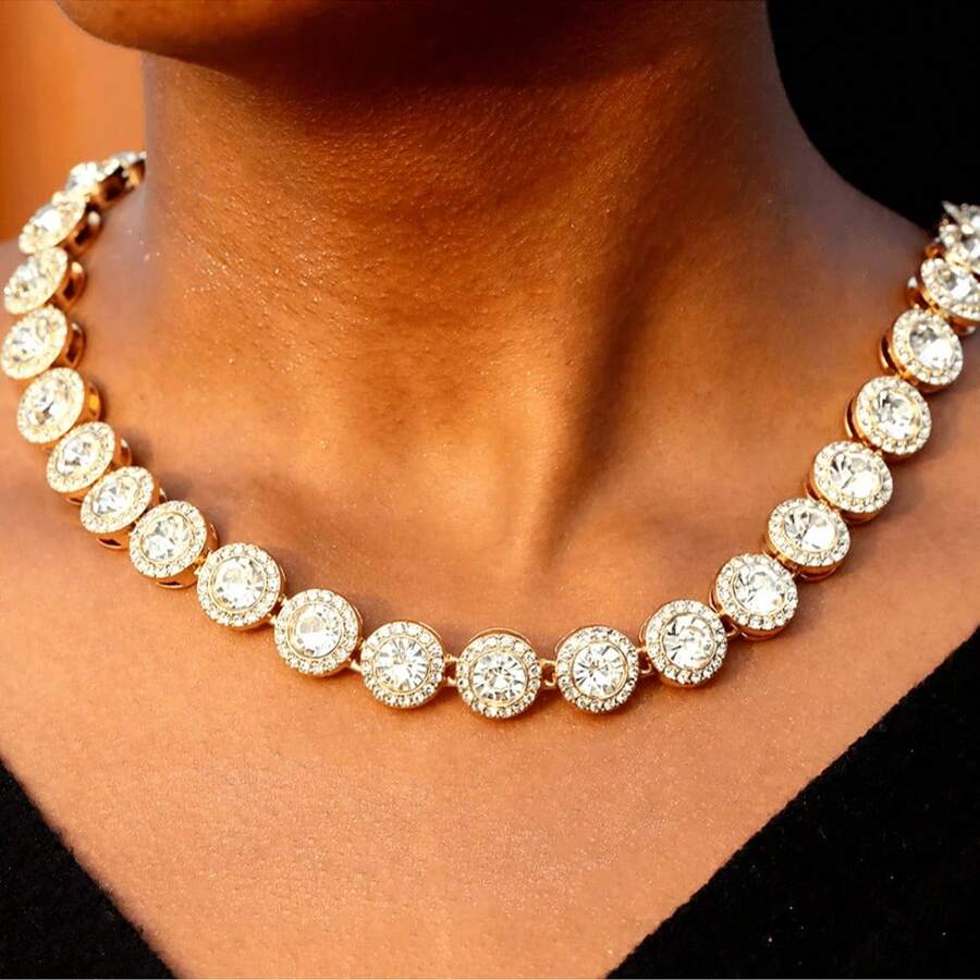 1pc Fashionable Women's Rhinestone Encrusted Round Tennis Chain Crystal Necklace, Shiny Hip-Hop Style Cuban Chain Jewelry, Valentine's Day Gift 2025