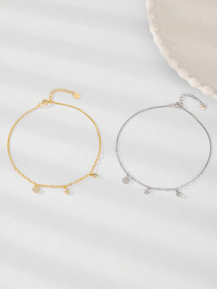 1 Stück 925 Sterling Silber süßer Stern Herz Dekor Fußkette, modisches Geburtstagsgeschenk & Alltagsträgerei