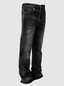 Casual High-End Minimalist Versatile Water-Washed Distressed Hem Men's Jeans, Button & Zipper Closure Slim Straight Leg Pants, Suitable For All Seasons