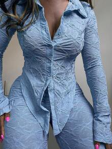 Distinctive Jacquard Knit Long Sleeve & Pants Fitted Set - Blue - View 5