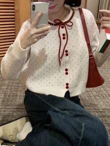 女士圆点花纹圆领开衫，秋冬青春风尚 - 紅白色 - 查看 7