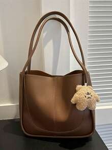 1pc Pu Material With Plush Star Pendant, Simple Solid Color Patchwork, 10 Capacity Women Tote Bag, Shoulder Bag, Handbag, Suitable For Ladies Daily Use, Business Travel, Multi-Functional Bag, Small Gift For Best Friends - Multicolor - View 4