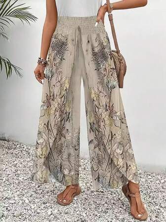 [Elegant Floral Wide-Leg Pants] Casual Loose Fit Elegant Floral Wide-Leg Pants For Women - Non-Stretch Polyester, Machine Washable, Vacation Beachwear