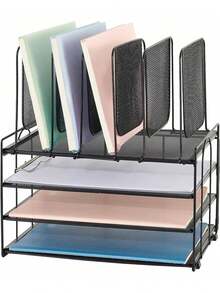 3 Tier Desk File Organizer With 5 Section Vertical File Holder, Metal Paper Tray File Holder Sorter Desk Organizers And Accessories For Office School, Detachable File Organizer For Desk(Black) - Black - View 8