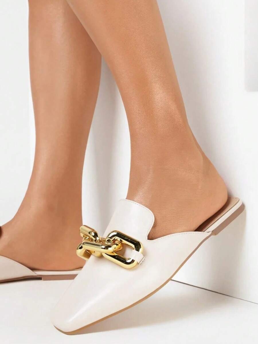 Preppy Style Metal Chain Minimalist Retro Mule Slides - Beige - View 1