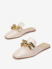 Preppy Style Metal Chain Minimalist Retro Mule Slides - Beige - View 2