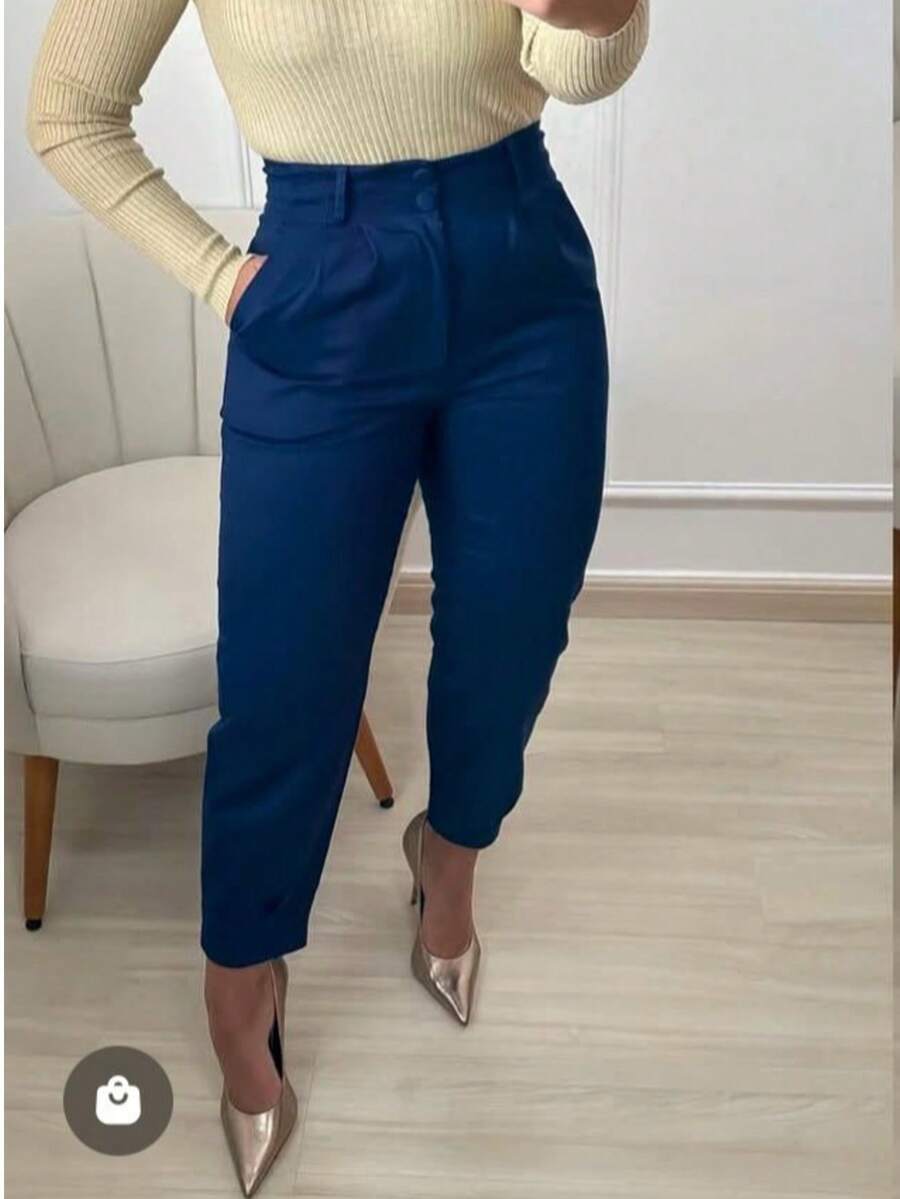 ISADORA MODA Women's Carrot Pants Twill, 2 Buttons, With Pockets, Solid Color() - Navy Blue - View 1