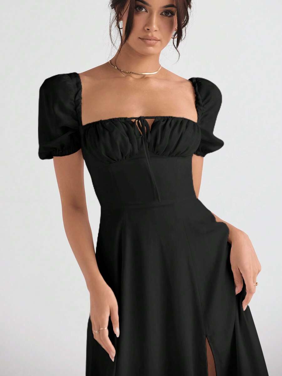 Vestido Elegante Con Cuello Cuadrado,Floral Y Manga Corta Con Abertura,Vestidos Elegante Casual De Manga Corta Com Estampado Floral,Vestidos Fiesta - Negro - Ver 1