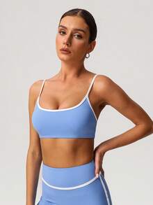 Sodalemon Women Color Block Fitness Light Support Straight Strap Yoga Sport Bra - Baby Blue - View 4