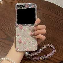 可爱粉色花朵贝壳手机壳带闪光手链适用于三星 Galaxy Z Flip 5 6 Z Flip6 ZFlip7 ZFlip 5 Zflip6 Zflip5 防震后盖防水防摔防刮 - 粉色 - 查看 3