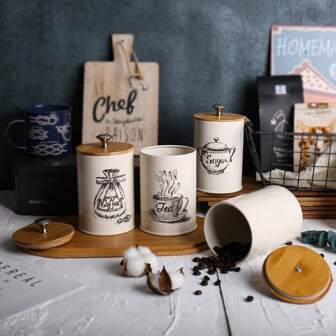 NYKAINMAN 3-delat set med burkar för köksförvaring, metall vintage köksbehållare och förvaring med bambulock, metallburkar för kaffe, socker och te, matförvaringsbehållare, köksdekor, beige