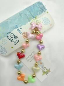 1pc Colorful Heart Beaded Bow Decor Lanyard Phone Case, Suitable For Daily Outfit, Beach Party Wear (Random Heart Color)