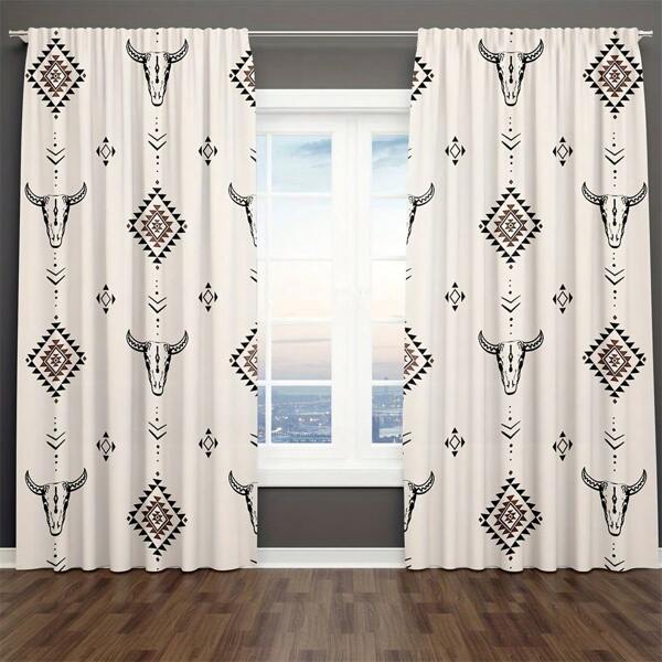 2 stuks boerderijgordijnen met stierenkop - Boheems patroon, UV-werend, semi-transparante gordijnen voor woonkamer en slaapkamer, wit met zwart-beige geometrische stierenkop-afbeelding, stijl met roedezakken, machinewasbaar polyester, Mexicaanse woondecoratie