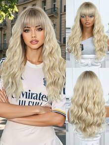 22吋長捲髮帶劉海假髮,自然柔軟的合成纖維頭髮更換假髮,適用於女性日常和派對使用