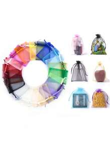 50/100 unidades de sacos de malha para doces, sacos de embalagem para decoração de festa de Natal e casamento, caixas de presente, bolsas de joias com cordão de organza de cor lisa