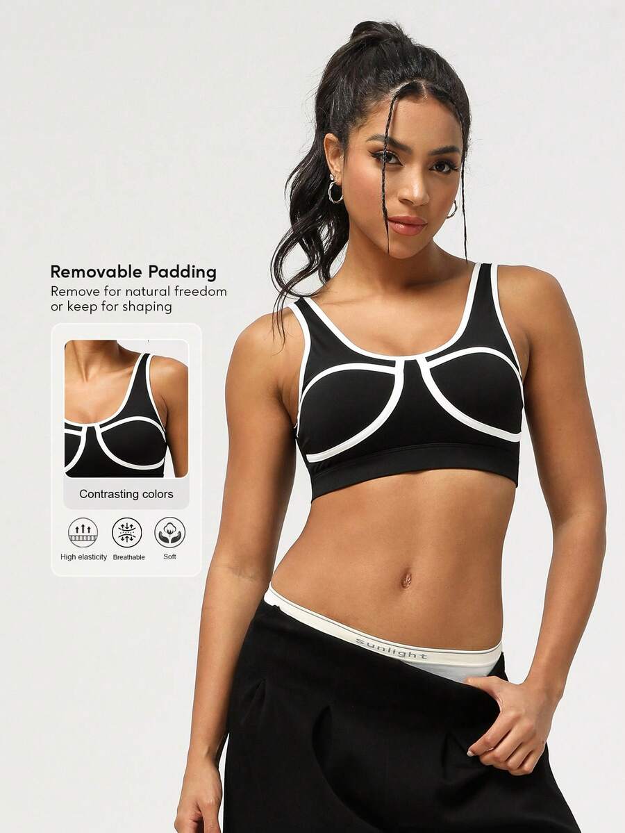 Sodalemon Women Color Block Elastic Hollow Padded Yoga Training Run Medium Support Sport Bra - Black - View 1
