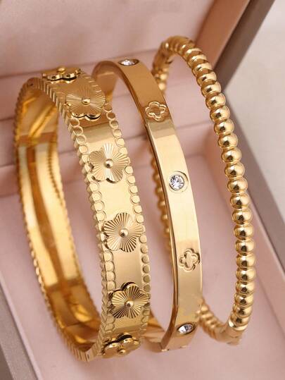 3件/1件 时尚18K镀金不锈钢四叶草钉手链，适合女士派对、日常佩戴，欧美风格，个性化，大方，奢华立方氧化锆手镯，婚礼首饰套装，送给女孩、女士、亲戚、朋友的礼物，精美婚礼、生日、情人节礼物