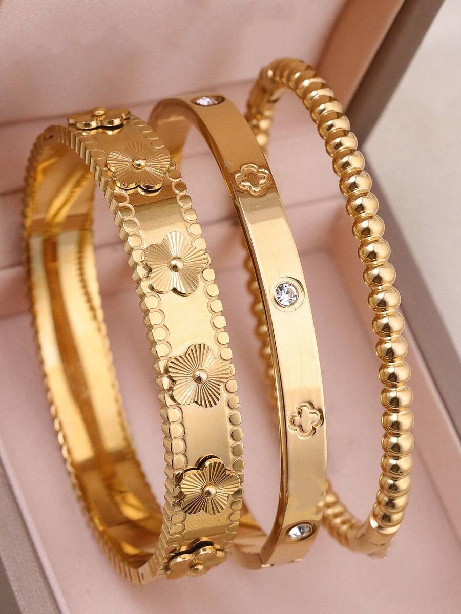 3件/1件 时尚18K镀金不锈钢四叶草钉手链，适合女士派对、日常佩戴，欧美风格，个性化，大方，奢华立方氧化锆手镯，婚礼首饰套装，送给女孩、女士、亲戚、朋友的礼物，精美婚礼、生日、情人节礼物