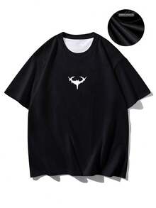 男士夏季休闲短袖T恤，复古暗黑骷髅风格，圆领，涤纶面料，适合运动健身 - 黑色 - 查看 4