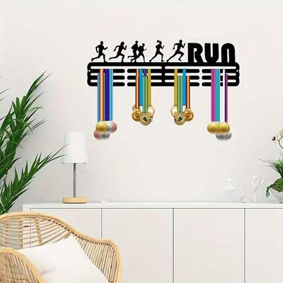 1 pièce, 30 cm x 9,4 cm Support Médaille Noir Métallique - Unité d'affichage murale qui peut contenir 60 médailles et rubans pour les courses, le soccer, le softball ; Décoration de maison en fer moderne pour les salles de trophées et les entrées ; Installation facile, conception durable, un ajout élégant aux vitrines de réalisations sportives ; Cadeau de Noël idéal et pièce maîtresse saisonnière