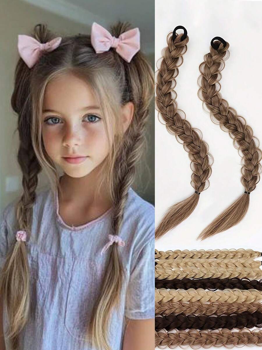 2 件长发辫子橡胶圈辫子发纤维合成假发适合儿童日常佩戴和角色扮演 - 自然黑 - 查看 1