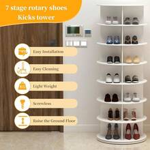 Rotating Shoe Cabinet, 360 Degree Shoe Rack Storage - Round Carousel Vertical Handbag Organizer (White, 7 Tier) - White - View 4