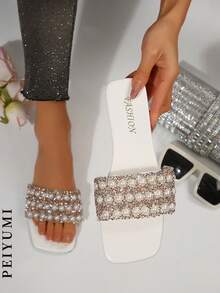 PEIYUMI 新款女士星光水钻凉鞋，优雅拖鞋，时尚烫印设计，休闲沙滩，透明 H 型凉鞋