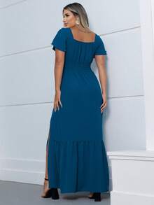 Long Dress In Duna Fabric Lined With Cups And Lining, Women's Fashion, With Side Slit And Back Opening - 水鴨藍 - 查看 2