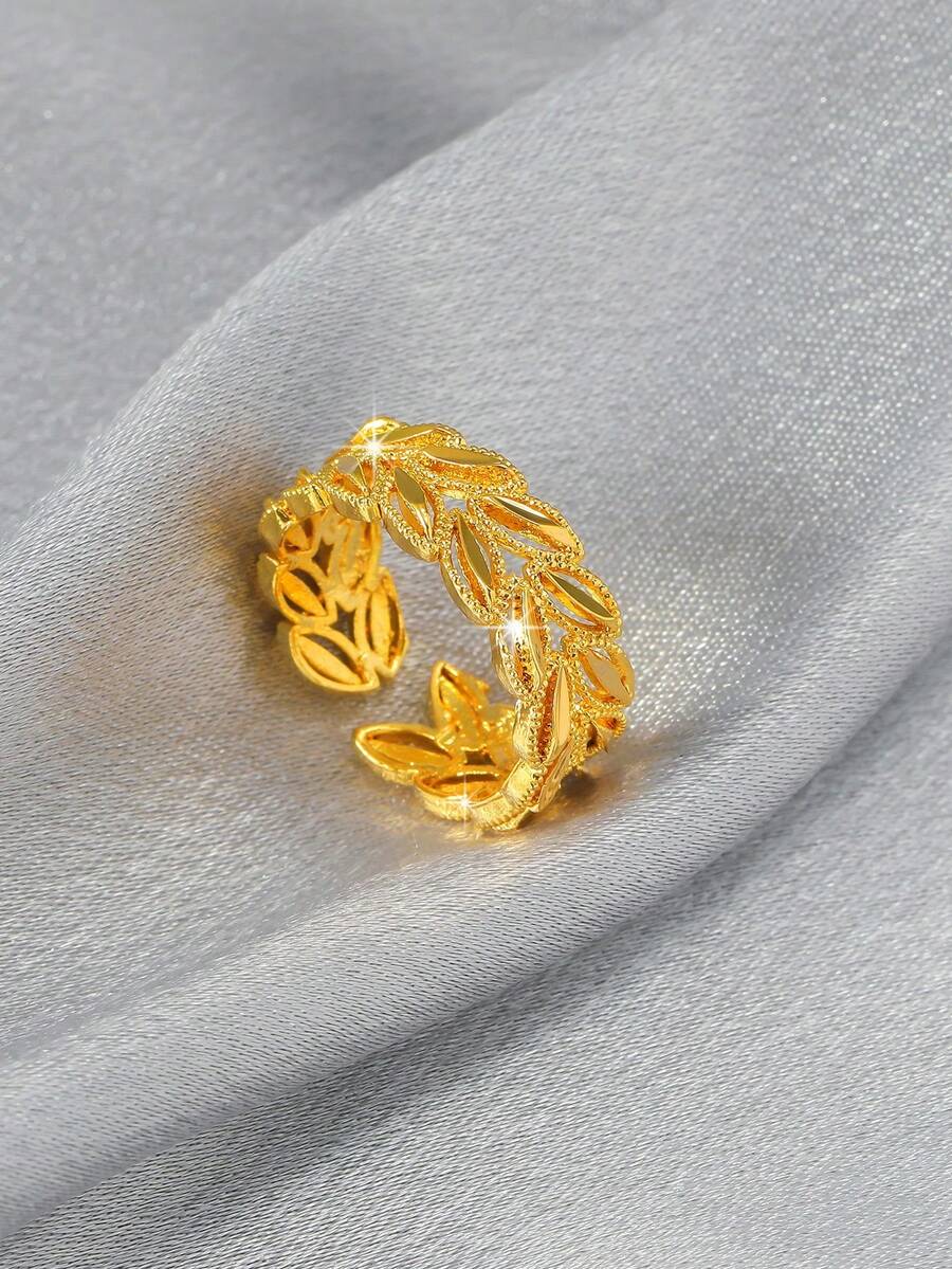 1 件简约镂空橄榄叶/小麦设计戒指，时尚百搭简约结婚戒指，适合女士 - 金黃色 - 查看 1