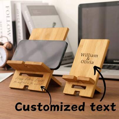 1pc Personalised Phone Stand Simple Bamboo Phone Holder, Pad Holder, Phone Dock, Wooden Phone Holder, Gadget Holder, Office Stand, Minimalist Phone Stand, Suitable For Travel, Business, Outdoor Use, Fashionable Customized Gift For Birthday, Mother's Day, Father's Day, Graduation, Christmas Gift, For Mom, Dad, Best Friend