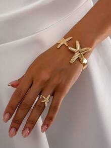 Bộ 1 Vòng tay sao biển bãi biển mùa hè và 1 Nhẫn sao biển kim loại có thể điều chỉnh, Trang sức nữ cho kỳ nghỉ bãi biển hàng ngày - Vàng - Xem 7