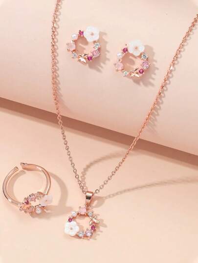 1pc Necklace, 1 Pair Earrings, 1pc Ring, Girls Cute Butterfly & Flower Jewelry Set, Suitable For Daily Wear And Party