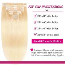 Straight Clip In Human Hair Extensions For  Women 8Pcs 120g Straight Clip Ins 18Clips Double Weft Human Hair Full Head Clip In Hair Extensions - S613 - 查看 3