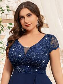 Vestido corto de gasa con cuello de pico profundo, encaje con lentejuelas, volante de contraste y bajo en línea A, ideal para fiestas, graduación, boda informal y cumpleaños - Azul Marino - Ver 10