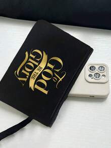 Black Linen Two Pieces Set Combination With Hand Rope,With "To God Be The Glory" Letter Printing Pattern, Personalized Gift For Friend's Birthday, Women's Fashionable Canvas Handbag With Button Thick Linen Bag, Perfect For Shopping - Black - View 3