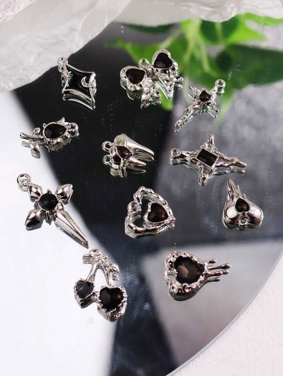 11pcs/Set Silver Tone And Black Diamond-Encrusted Edgy DIY Earring And Necklace Jewelry Set