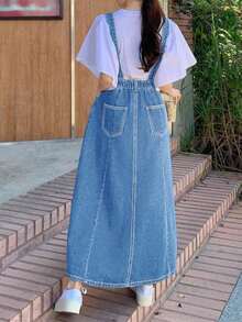 Plus Size Long Denim Overall Dress For Women – Casual Loose Fit Jean Pinafore, Elegant Versatile Style, Everyday Outfit - Rửa nhẹ - Xem 8