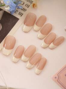 XEERCOOU 10 件法式奶油风金色边缘按压指甲办公室日常佩戴假指甲人造指甲套装包括 1 片粘合片和 1 个迷你指甲锉指甲用品指甲 - 彩色 - 查看 2