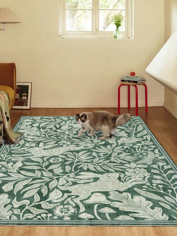 1 Piece Rectangle Faux Cashmere Carpet With Flower Bunny Print. Green Area Rugs For Living Room, Soft Carpet For Bedroom, Home Decoration, Soft And Fluffy Rug For Bed Room, Delicate To The Touch, Non-Slip Washable And Foldable Area Rug. It Can Be Used In Living Room, Bedroom, Doormat, Home Decoration, Suitable For Different Seasons Of Spring, Summer, Autumn And Winter.