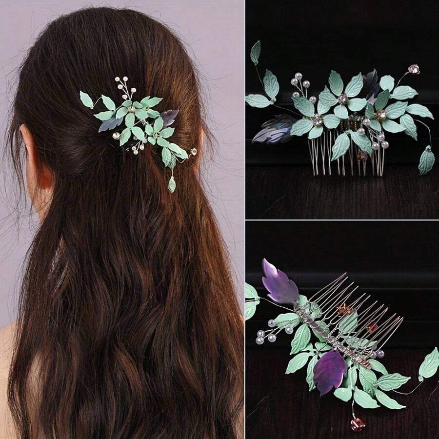 Peine para el cabello con hoja de cristal para novia, adorno para el cabello hecho a mano con inserto verde lateral, accesorio para el peinado decorado con perlas para vestido