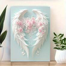 1pc Angel Wings Canvas Art With Floral Accents - Framed, Ready To Hang Wall Decor For Home, Office, Living Room, Bedroom -Pastel Colors, Perfect Holiday Gift, Hanging Decor - 白色 - 查看 3