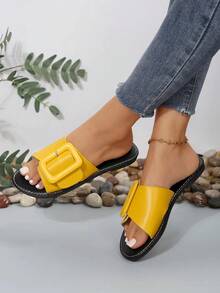 Sandálias Rasteiras de Praia Estilo Casual com Estampa Sólida, Biqueira Aberta, Tipo Deslizante, Novo Estilo Europeu e Americano para Mulheres