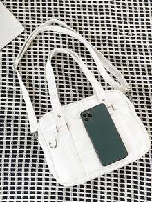 Minimalist Solid Color PU Leather Tote Bag For Women, Simple Fashion OL Commuter Handbag With Large Capacity, Shoulder Bag - White - View 8