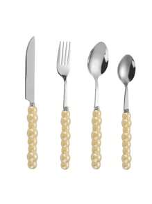 4pcs/Set Stainless Steel Utensil Set,Romantic Ceramic Pearl Handle Western Cutlery Knife Fork Spoon Coffee Spoon,Reusable Tableware,Or School, Picnics, Parties, Outdoor Dining, Camping Accessories School Supplies Travel Essentials Accessories Back To School Dorm Essentials